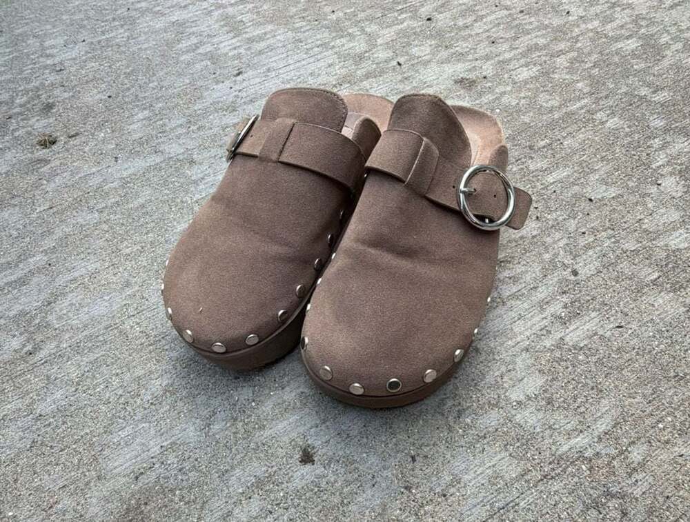 JustFab Odetta Brown Suede Studded Mule Slide Clogs with Buckle